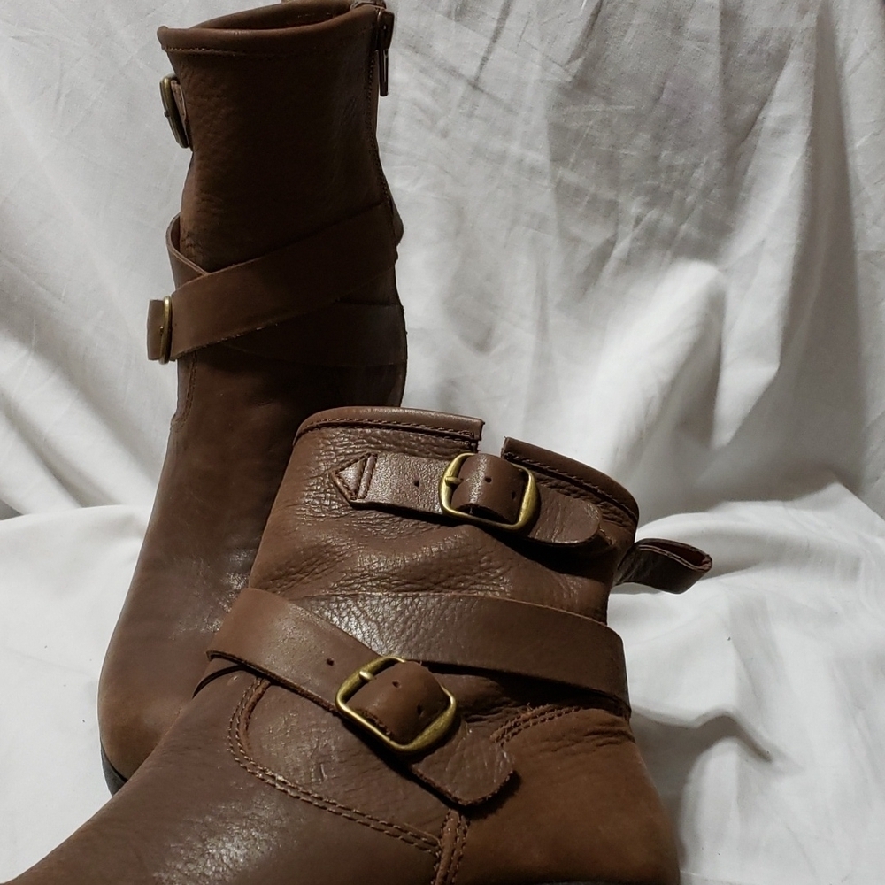 Lucky brand brown leather heeled boots strapped euc - Picture 2 of 12